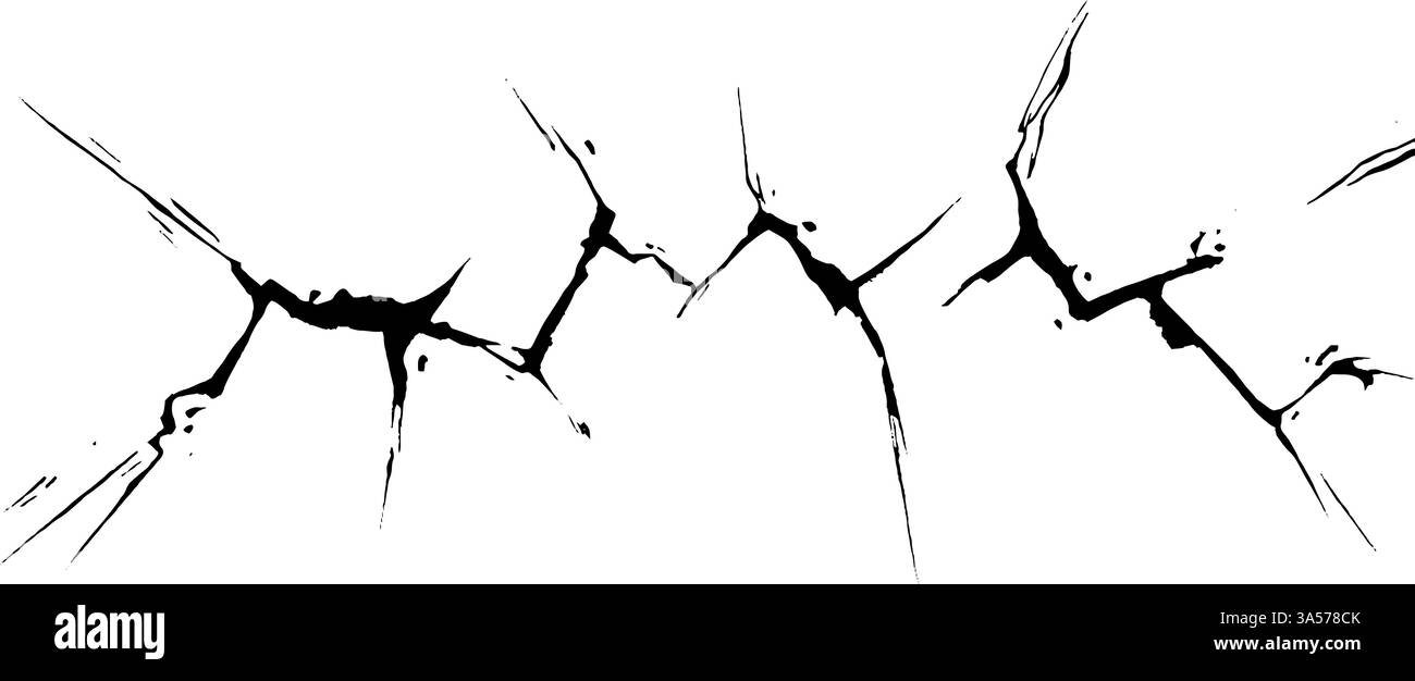 Une série de fissures noires dentelées sur un fond blanc, créant un effet dramatique et artistique. Les fissures varient en taille et en forme, ressemblant Illustration de Vecteur