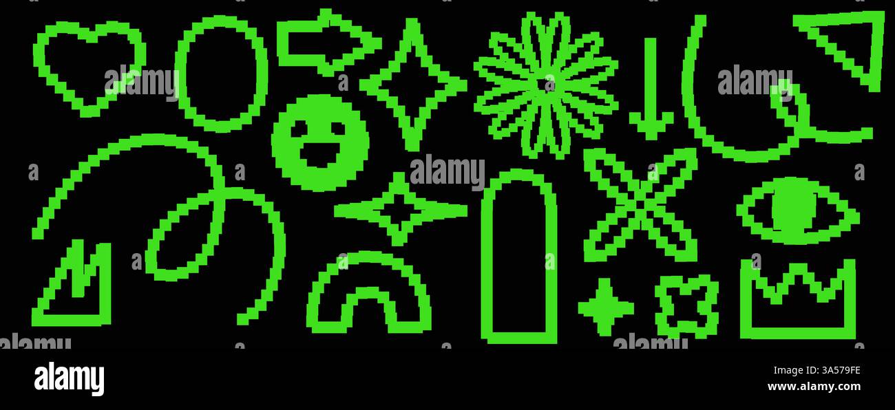 Jeu d'icônes de pixels y2k. Eléments abstraits de jeu. Style rétro et tendance brutal. Visage de sourire et autocollant de collage moderne et flèches. Vintage contemporain Illustration de Vecteur