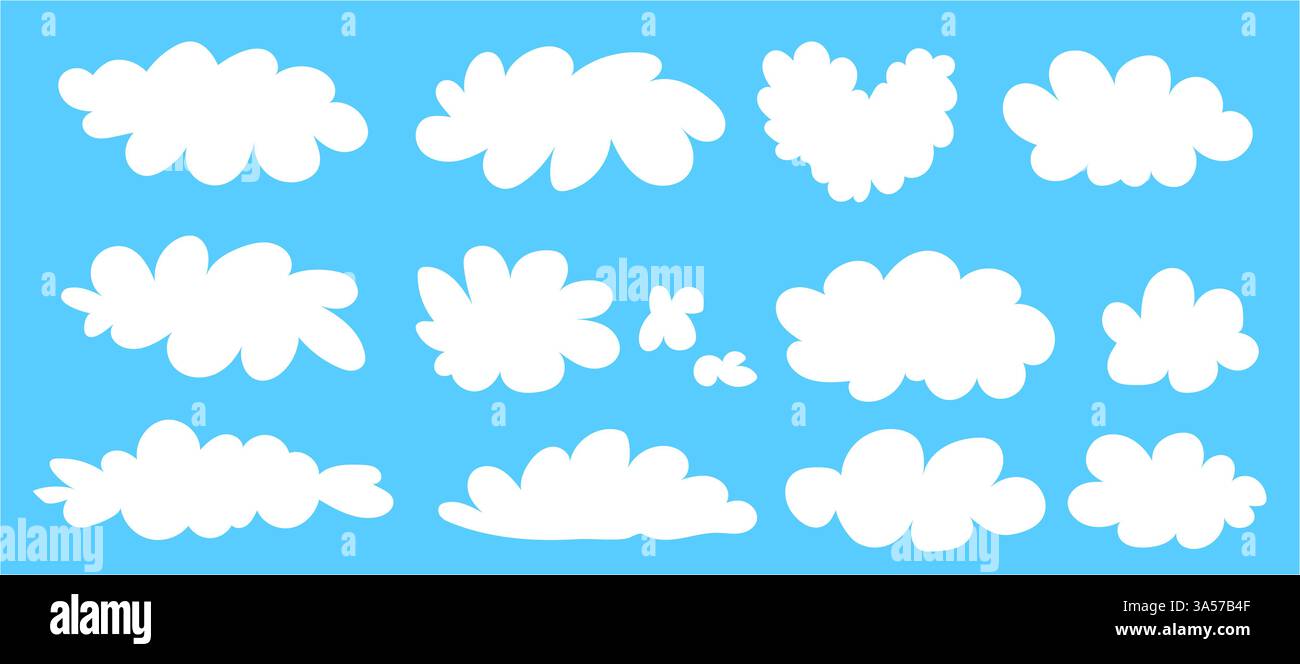 Ensemble de nuages blancs simples. Collection éléments mignons et kawaii sur bg bleu. Illustration artistique naïve vectorielle. Illustration de Vecteur