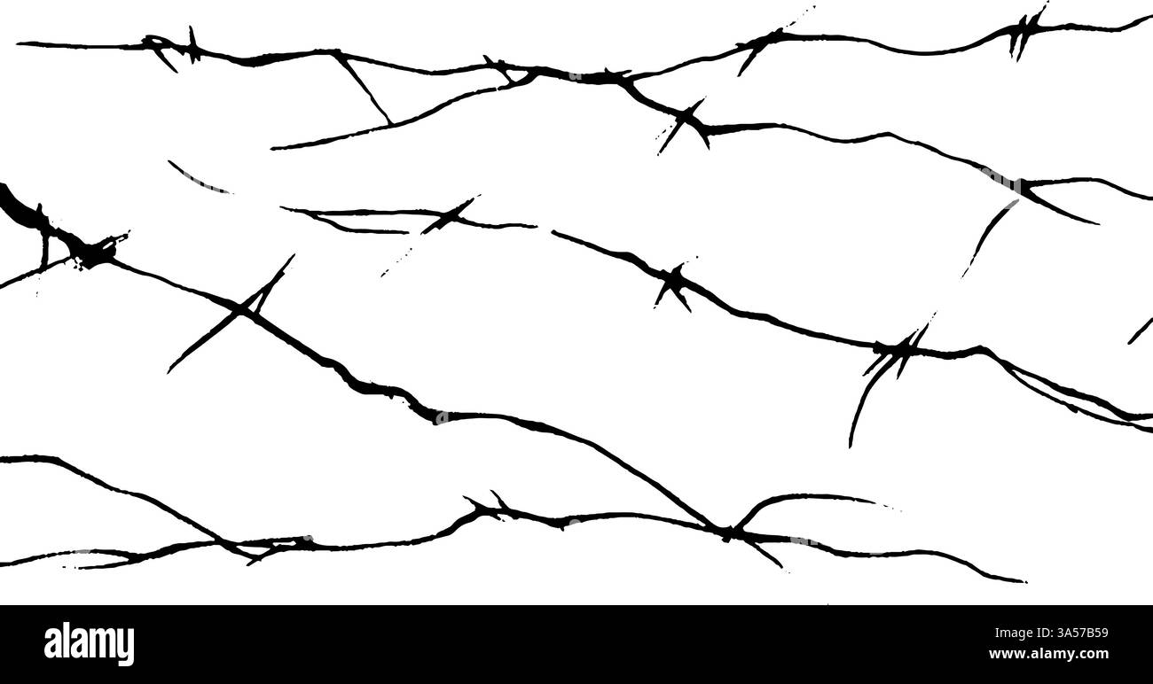 Un motif de fil de fer barbelé noir sur un fond blanc, créant un contraste frappant. Le fil est représenté d'une manière irrégulière et dentelée, en soulignant son Illustration de Vecteur