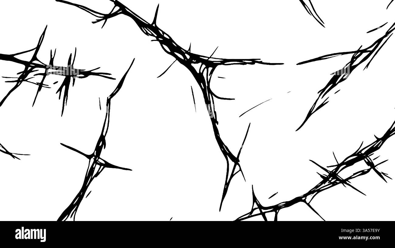 Illustration abstraite monochrome avec des lignes dentelées ressemblant à des épines sur fond blanc, créant un sentiment de tension et de complexité. Illustration de Vecteur