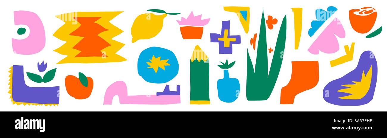 Un pack de formes abstraites découpées. Formes géométriques lumineuses dans un style naïf. Sur un fond transparent comme png. Illustration vectorielle avec texture Illustration de Vecteur