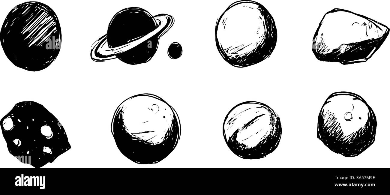 Une collection de corps célestes dessinés à la main comprenant des planètes, des astéroïdes et des lunes, présentant diverses textures et formes dans un style monochrome. Illustration de Vecteur