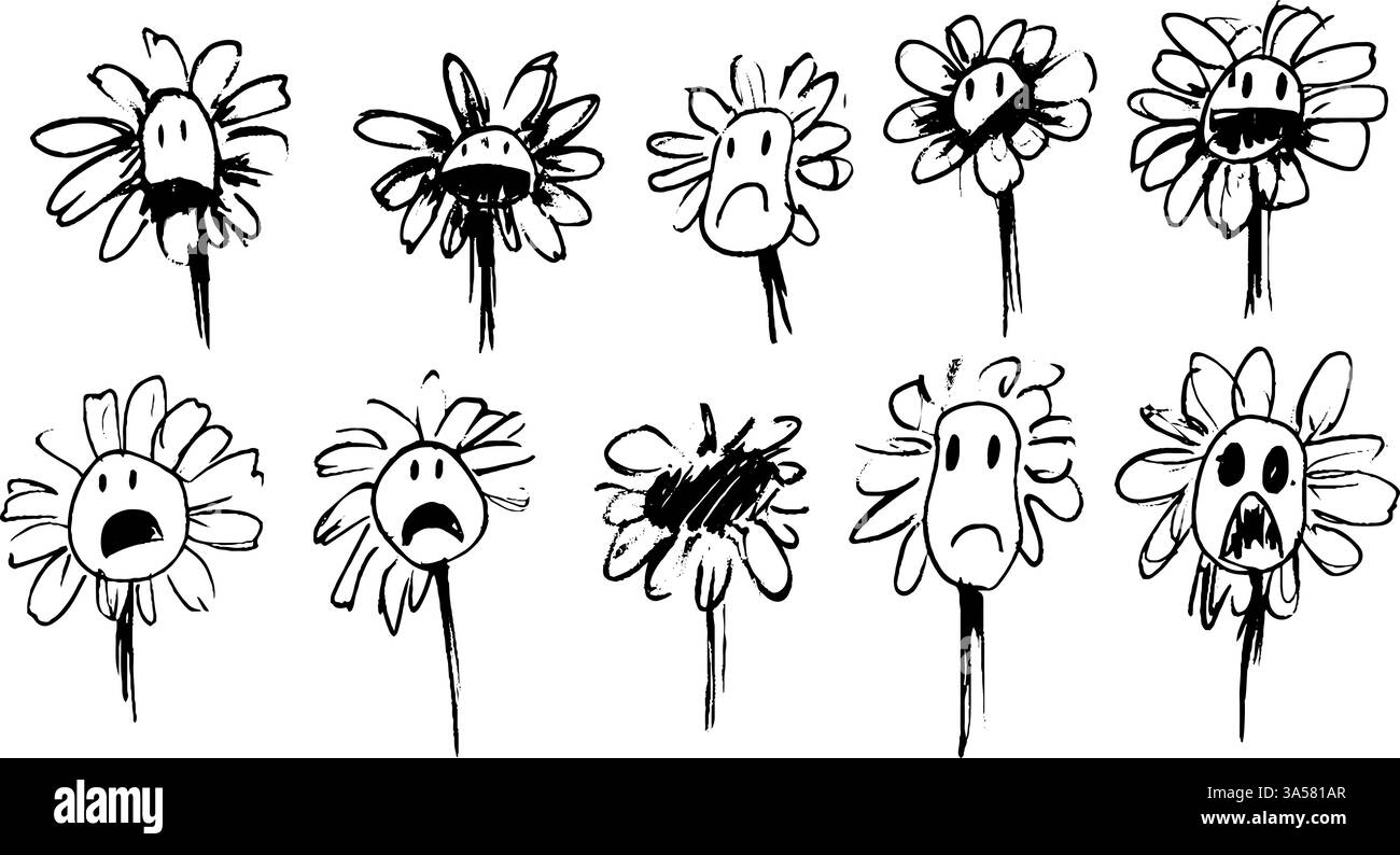 Une série de dix fleurs de style dessin animé avec des expressions faciales variées, y compris heureux, triste, en colère et surpris. Les fleurs sont simples, dessinées à la main Illustration de Vecteur