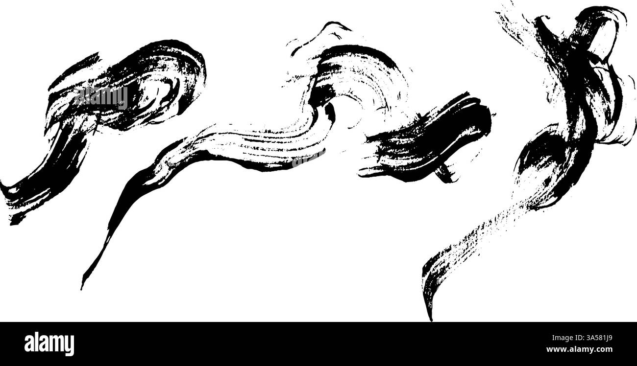Traits de pinceau noir abstrait sur fond blanc, créant une composition dynamique et fluide. Les traits varient en épaisseur et en direction, ce qui suggère Illustration de Vecteur