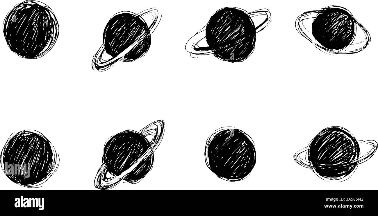 Une collection de planètes dessinées à la main, avec divers modèles, y compris des anneaux et différentes tailles. Le style est esquissé et artistique, mettant en valeur Illustration de Vecteur