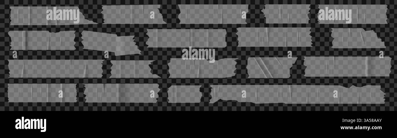 Un ensemble de morceaux transparents en plastique de ruban scotch déchiré. Des éléments tendance pour des designs avec une texture réaliste. Correctifs vectoriels sur fond transparent comme Illustration de Vecteur