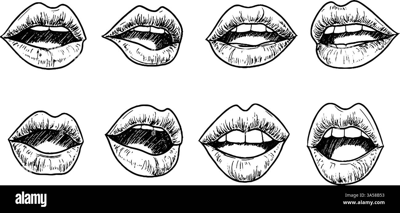 Illustrations de lèvres dessinées à la main dans diverses expressions Illustration de Vecteur