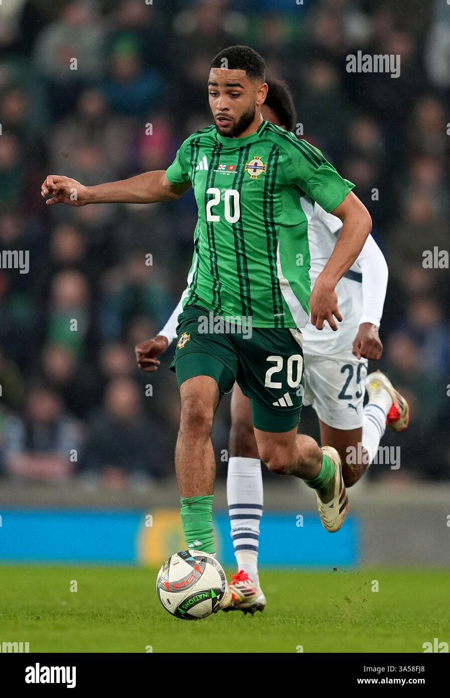 Brodie Spencer d'Irlande du Nord lors du match amical international au stade national de football de Windsor Park, Belfast. Date de la photo : vendredi 21 mars 2025. Banque D'Images