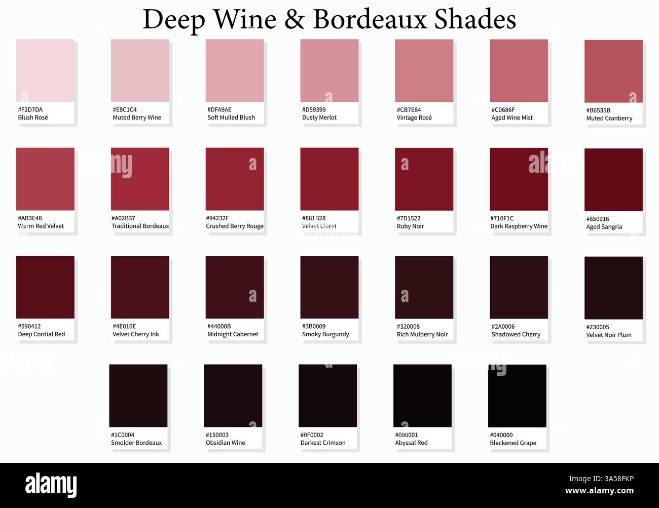 Color Swatch 28 Deep Wine et Bordeaux Shades - 3d Light Faded Reds to Dark Deep Tones - avec codes et noms HEXADÉCIMAUX, palette de couleurs, schéma Illustration de Vecteur