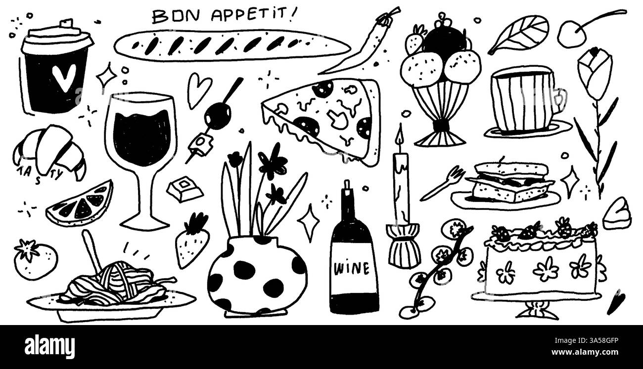 Griffonnage sur le thème d'un dîner romantique français ou italien avec pizza, pâtes et vin. Éléments vectoriels à la mode audacieux. Illustration sur bleu bg . Illustration de Vecteur