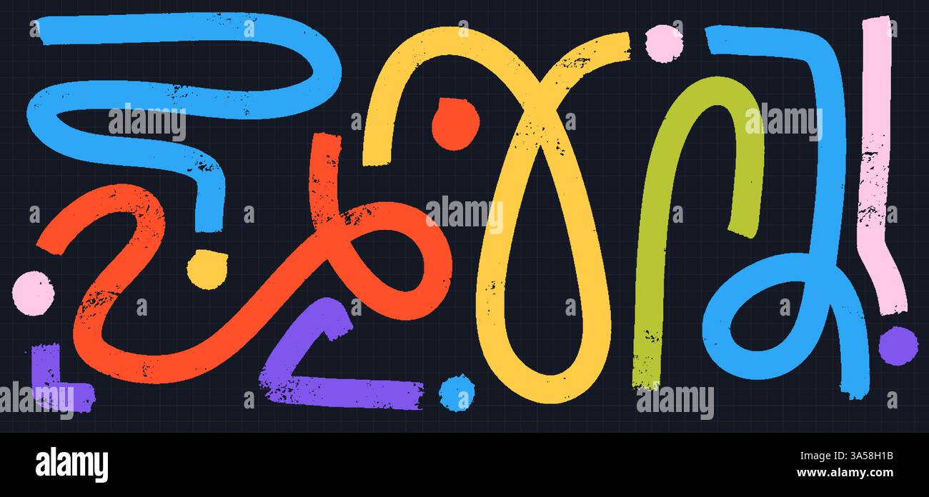 Jeu de lignes et formes de Grunge ludiques. Courbes vectorielles colorées, contours et vagues abstraites avec arrière-plan de destruction. Illustration de Vecteur