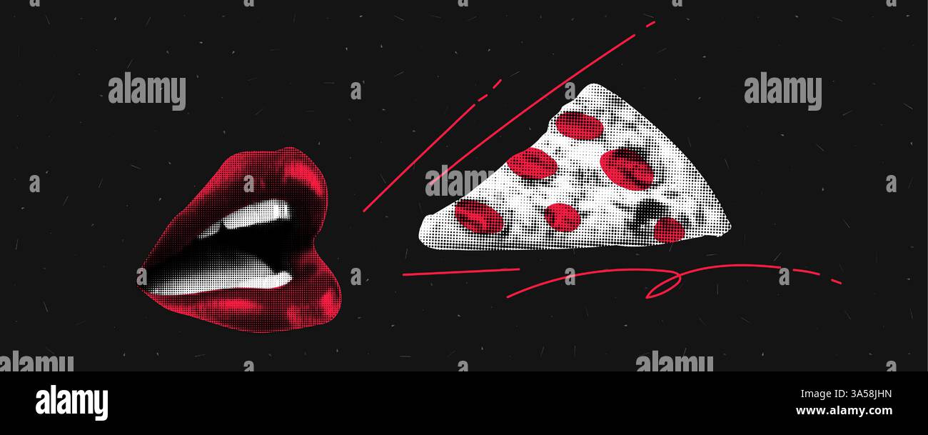 Collage grunge avec la bouche d'une femme ouverte et pizza volant dedans. Fond noir bruyant et éléments tendance. Illustration vectorielle. Illustration de Vecteur