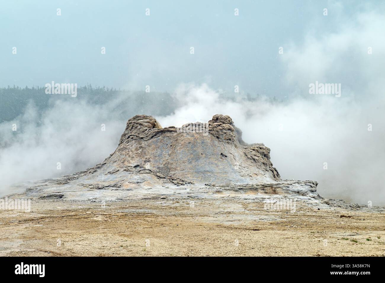 Castle Geyser en marche dans une tempête de neige dans le parc national de Yellowstone dans le Wyoming Banque D'Images