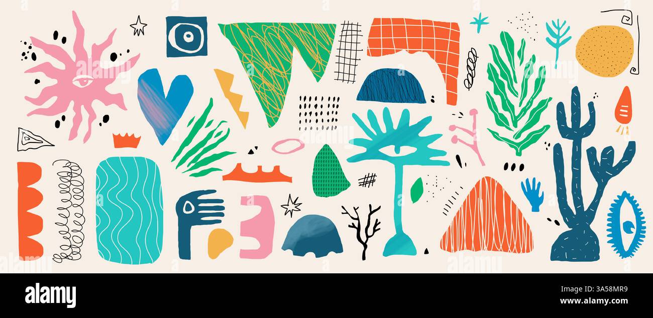 Soustraire les formes de gribouillage. Griffonner des éléments graphiques avec des textures tendance. Kit illustration géométrique et organique pour collage. Formes dessinées et découpées à la main Illustration de Vecteur