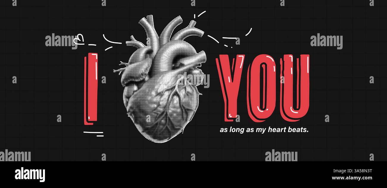 Impression punk teen avec collage et typographie. Coeur de style demi-teinte avec lignes griffonnantes. Grunge moderne. Je t'aime. Illustration vectorielle. Illustration de Vecteur