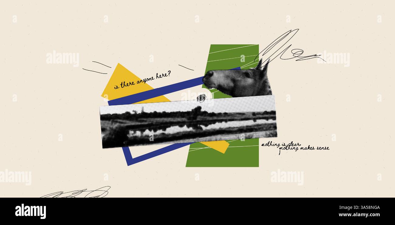 Paysage de collage avec cheval. Affiche vectorielle abstraite présentant un motif animal. Mélange créatif de textures grunge, de formes géométriques et de surimpression vintage Illustration de Vecteur