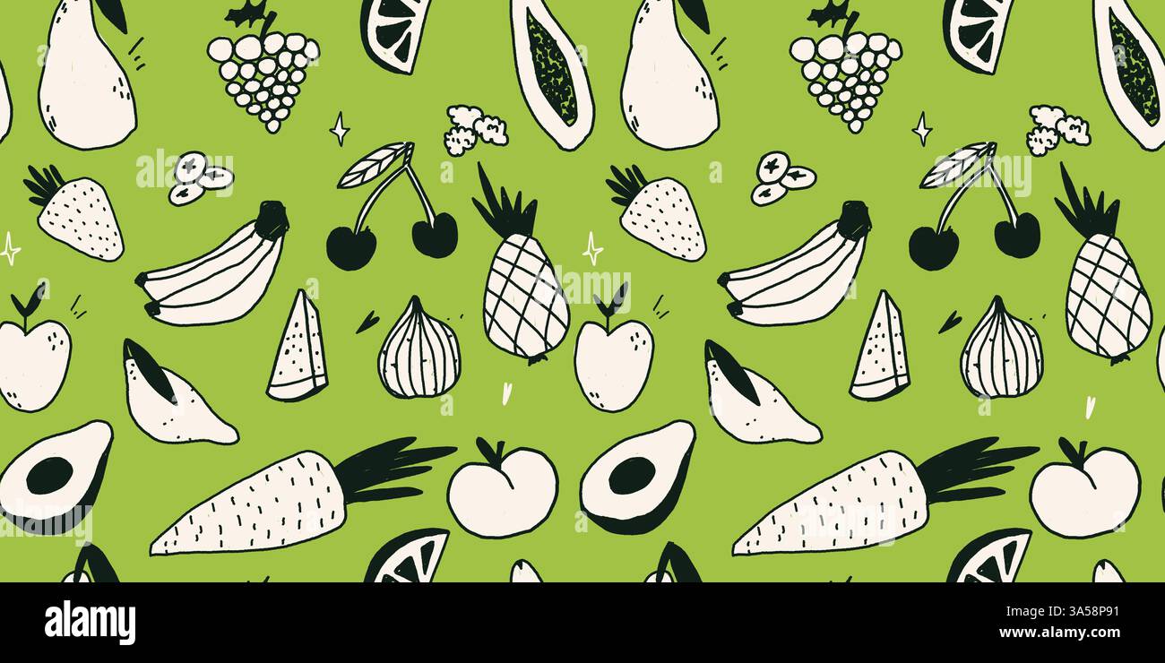 Fond avec des fruits tropicaux. Couleurs blanc et vert. Eléments vectoriels de gribouillage. Bannière fraîche tendance avec des produits sains. Motif sain sans coutures Illustration de Vecteur