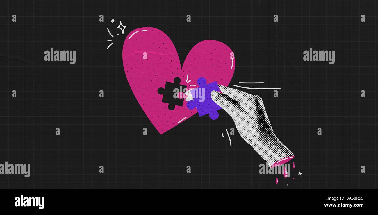 Coeur de puzzle dans un style collage contemporain. Illustration vectorielle d'art abstrait. fond noir ob à carreaux avec texture de papier. Durk Popart Illustration de Vecteur