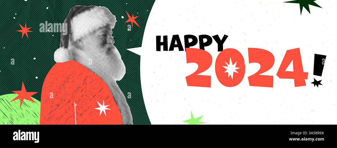 Le Père Noël vous souhaite un joyeux Noël et une bonne nouvelle année 2024. Style de collage avec des éléments dessinés à la main. Bulle de discours avec texte et étoiles dentelées Illustration de Vecteur