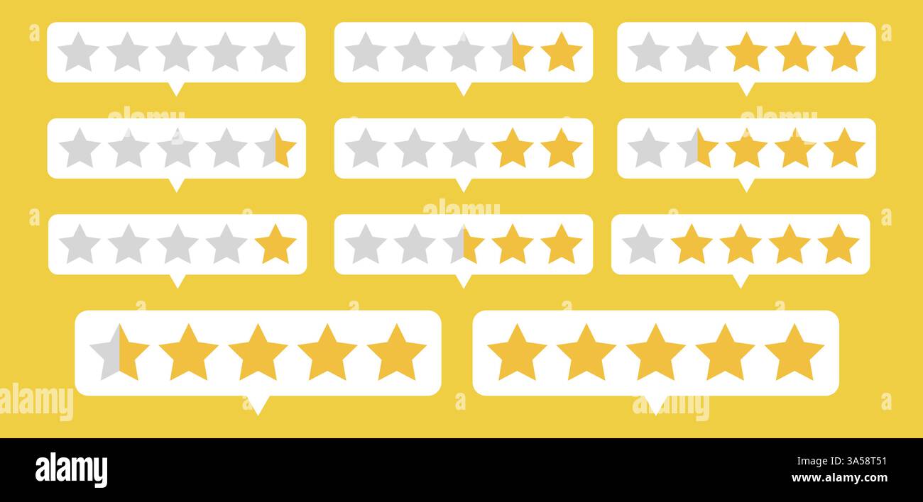 Icône de notation vectorielle avec contour jaune et motif plat. Barre d'évaluation supérieure pour les commentaires du restaurant, du système ou de l'application. Illustration de Vecteur