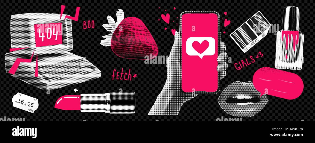 Eléments pour collage dans le traitement demi-ton. Girly Vibe des années 2000 Sur fond transparent. Autocollants Doodle découpés dans le magazine Illustration de Vecteur