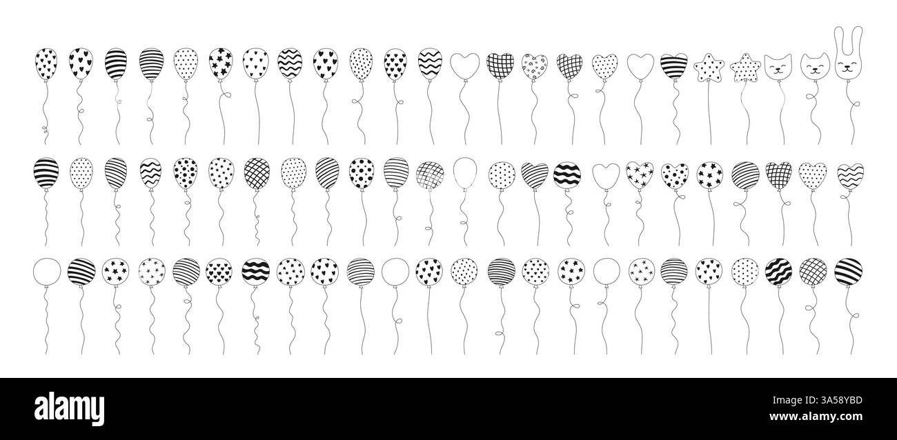 Illustration de l'ensemble de ballons à motifs noir et blanc. Divers étoiles en forme de coeur de chat ronds et motifs à pois rayés ballons. Chaque ballon isolé. Design parfait pour vecteur de décoration de fête Illustration de Vecteur
