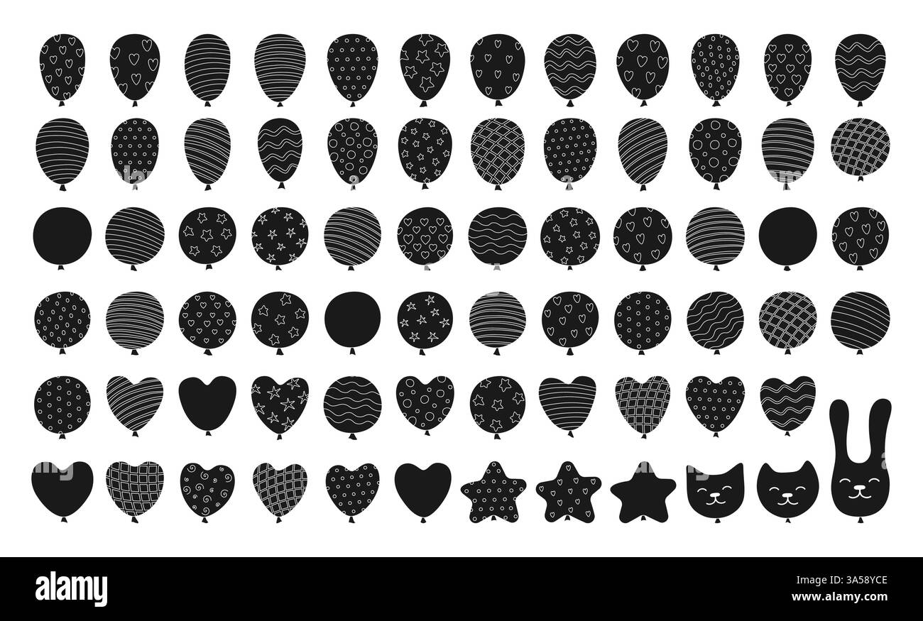 Ballons à motifs set silhouette illustration de doodle. Divers en forme de coeur étoile, rond, chat et motifs rayés, pois ballons. Design parfait pour la fête. Décoration vectorielle de célébration d'anniversaire Illustration de Vecteur