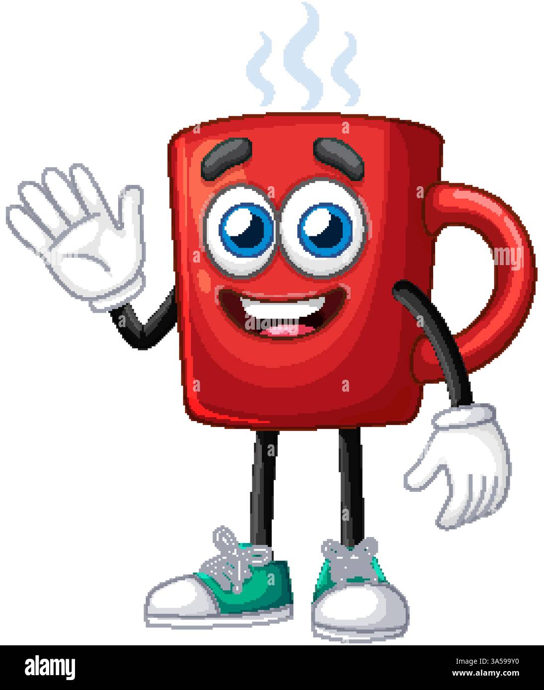 Une illustration vectorielle vibrante d'un personnage de tasse à café rouge souriant avec des yeux expressifs, la main agitant et la vapeur qui monte Illustration de Vecteur