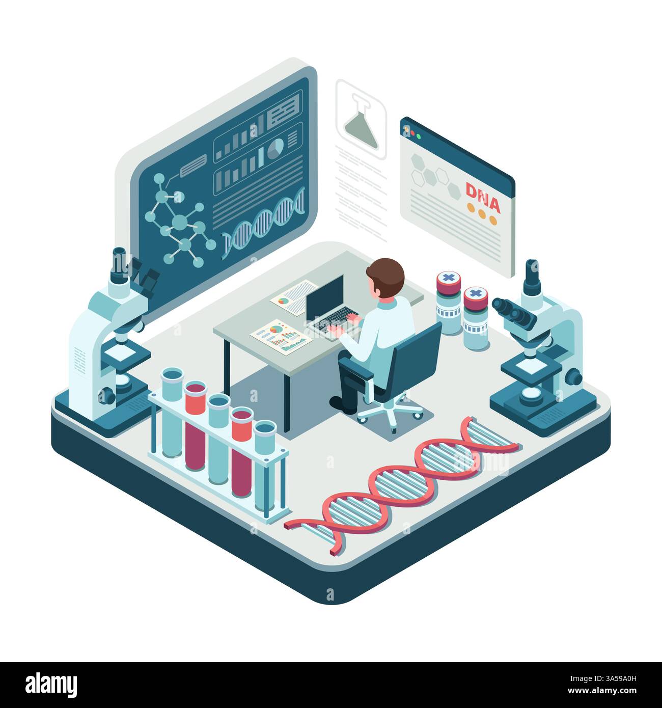 Scientifique isométrique en laboratoire de biotechnologie avec recherche et analyse ADN. Concept de biotechnologie Illustration de Vecteur
