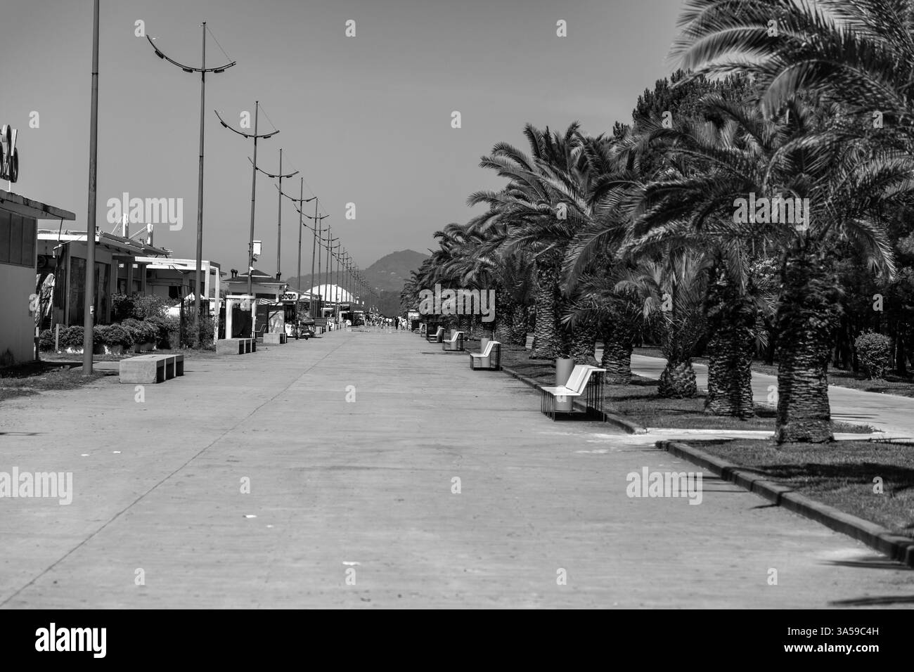 Batoumi, Géorgie - 12 JUIN 2024 : scène de coucher de soleil sereine le long de la plage de Batoumi, la côte de la mer Noire, Gerogia. Batumi attire les visiteurs avec son subtrop Banque D'Images