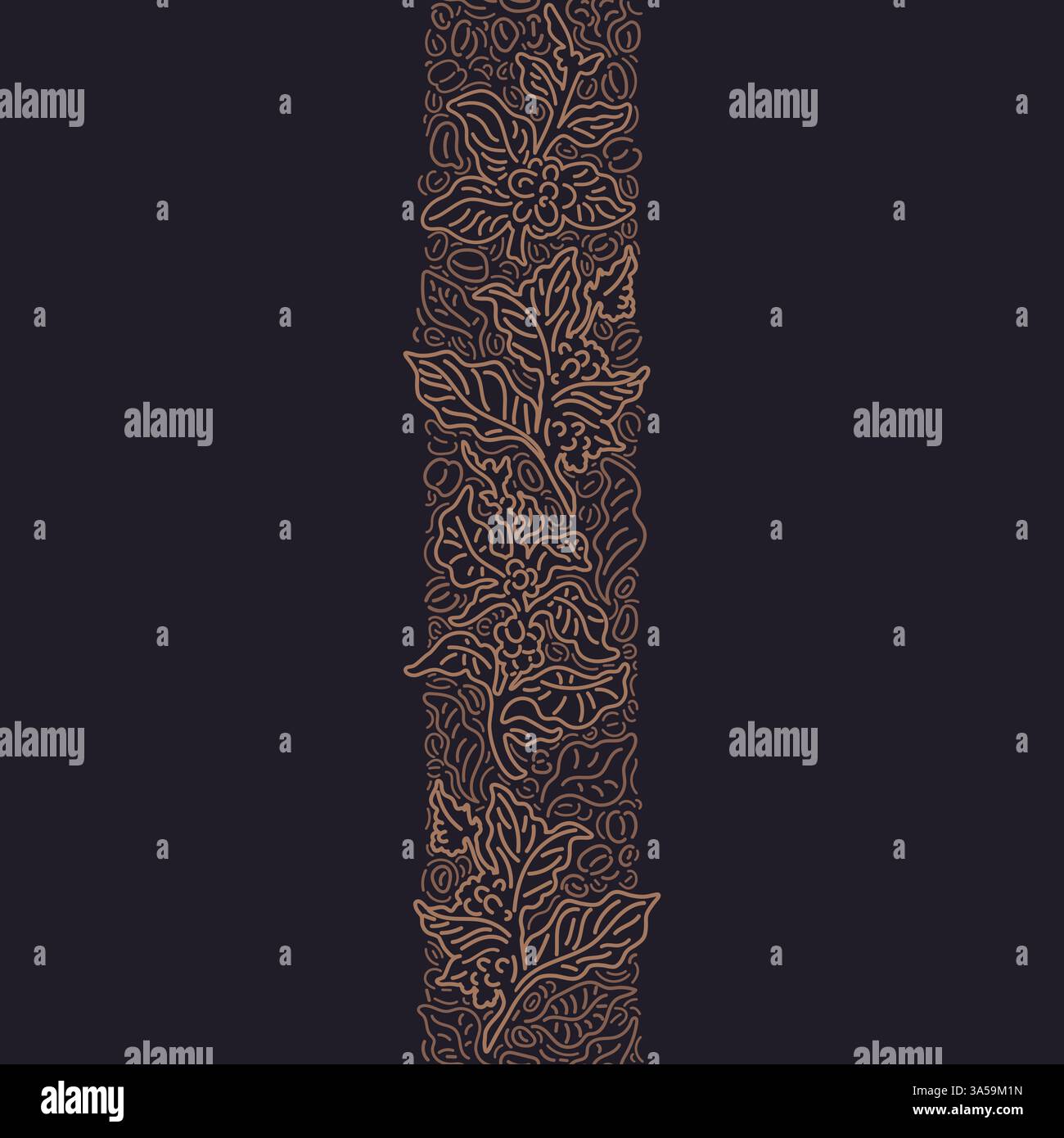 Motif sans couture vertical à rayures café. Branche abstraite vectorielle, feuilles de texture graphique, haricots. Bordure dorée sur fond noir. Vintage répéter prin Illustration de Vecteur