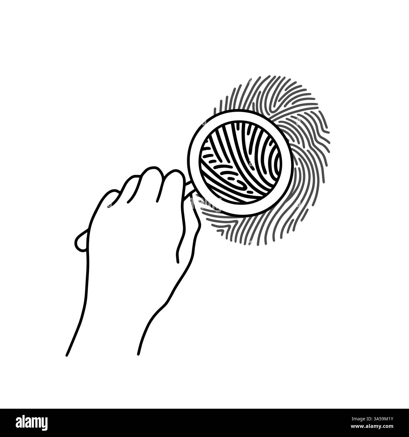 Identification de la main humaine et des empreintes digitales avec loupe. Illustration dessinée par vecteur sur fond blanc. Style simple de ligne d'art Illustration de Vecteur
