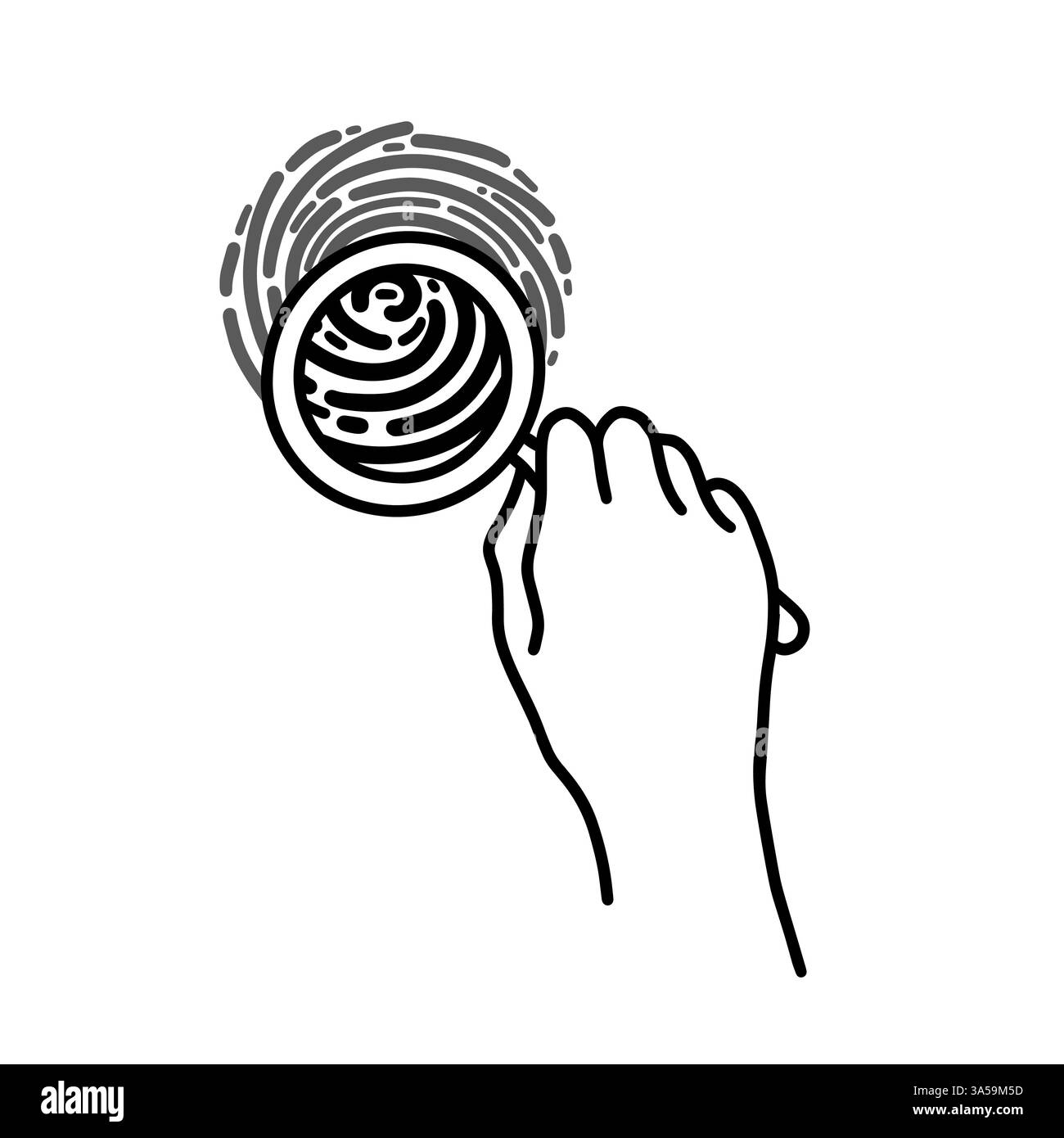 Main graphique avec loupe. Identification d'empreintes digitales vectorielles. Illustration dessinée simple sur fond blanc. Esquisse artistique Illustration de Vecteur