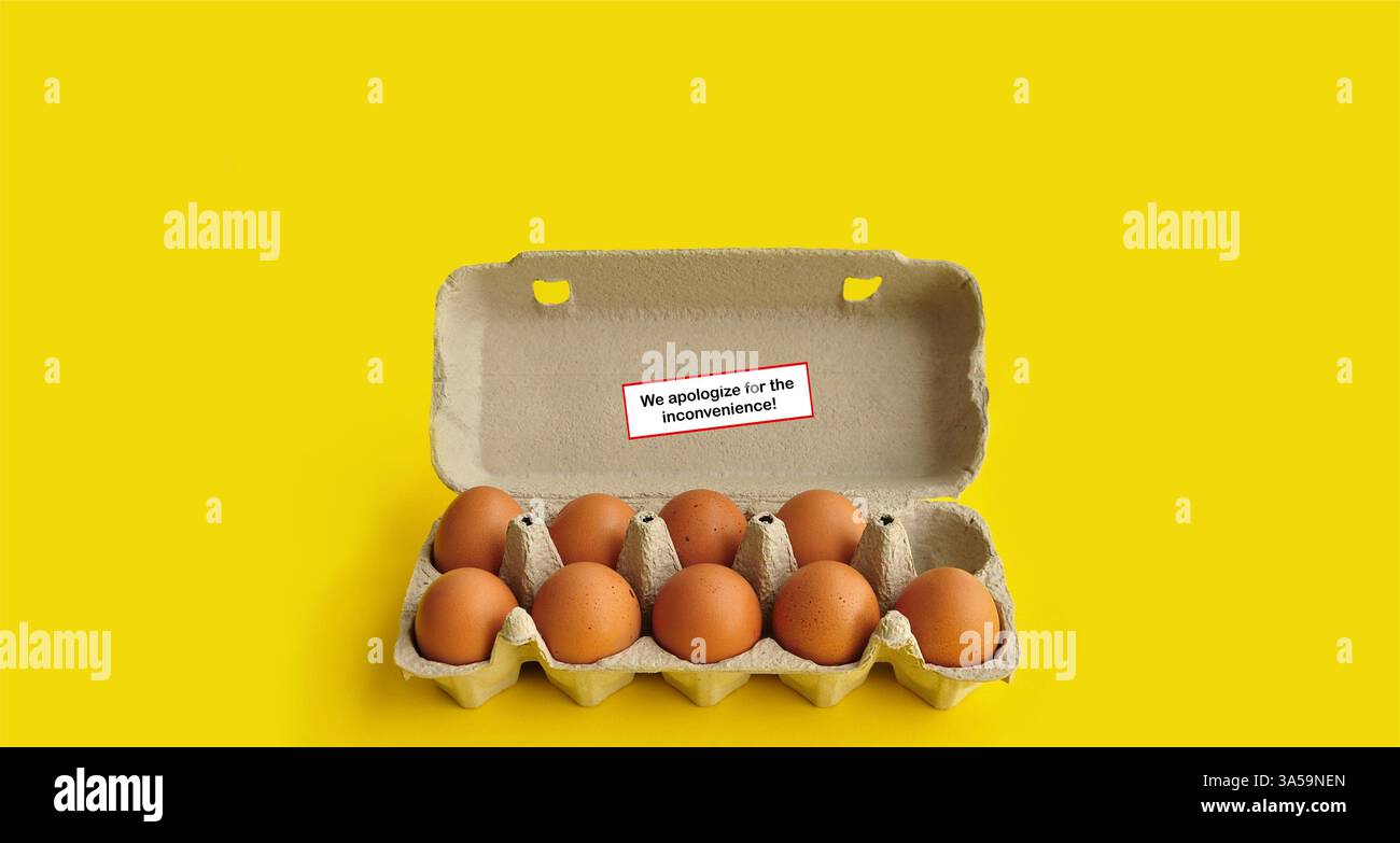 Pénurie d'oeufs, tarifs, fumée d'oiseaux. Un plateau à œufs ouvert avec des œufs et un autocollant « nous nous excusons pour le désagrément », œuf manquant, prix élevé des œufs, inflation Banque D'Images