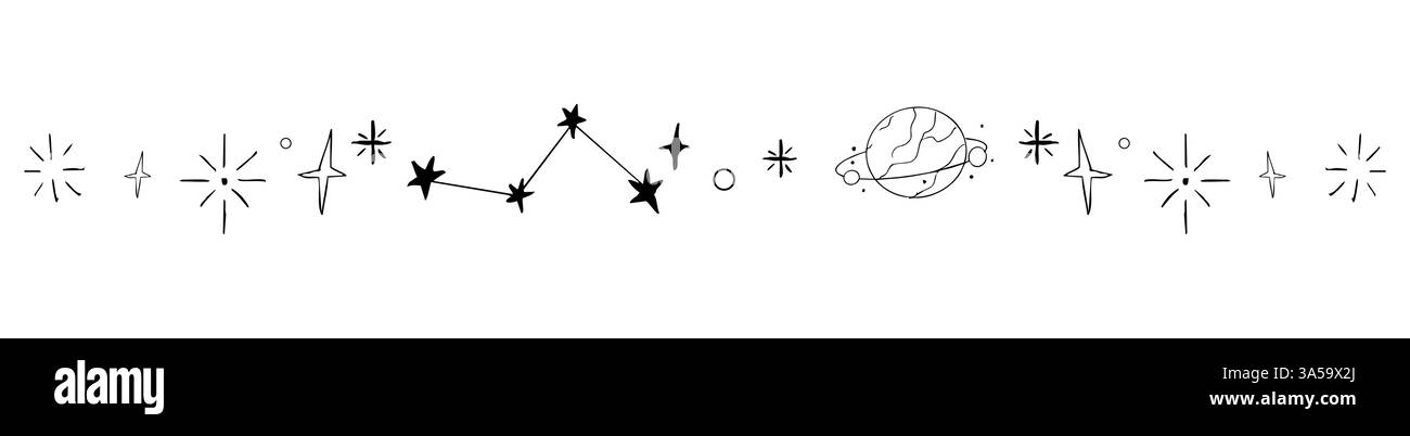 Bordure céleste de doodle, diviseur de clignotement d'étoile tombante. Ornement dessiné à la main avec étoiles, planètes, météorite et lune. Décoration simple et magique Space. Illustration vectorielle Illustration de Vecteur