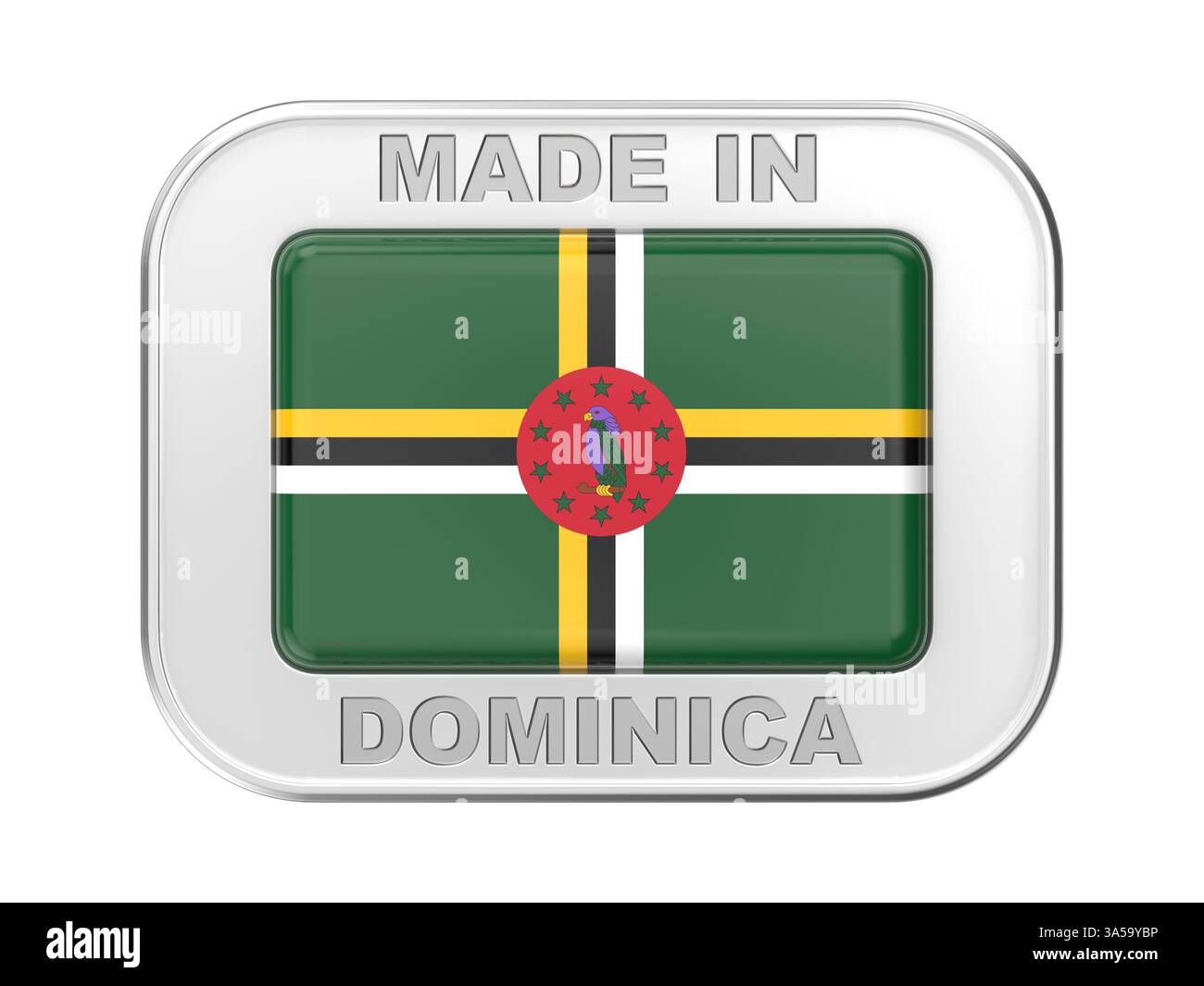 Fabriqué en Dominique, badge argenté avec le drapeau de la Dominique Banque D'Images