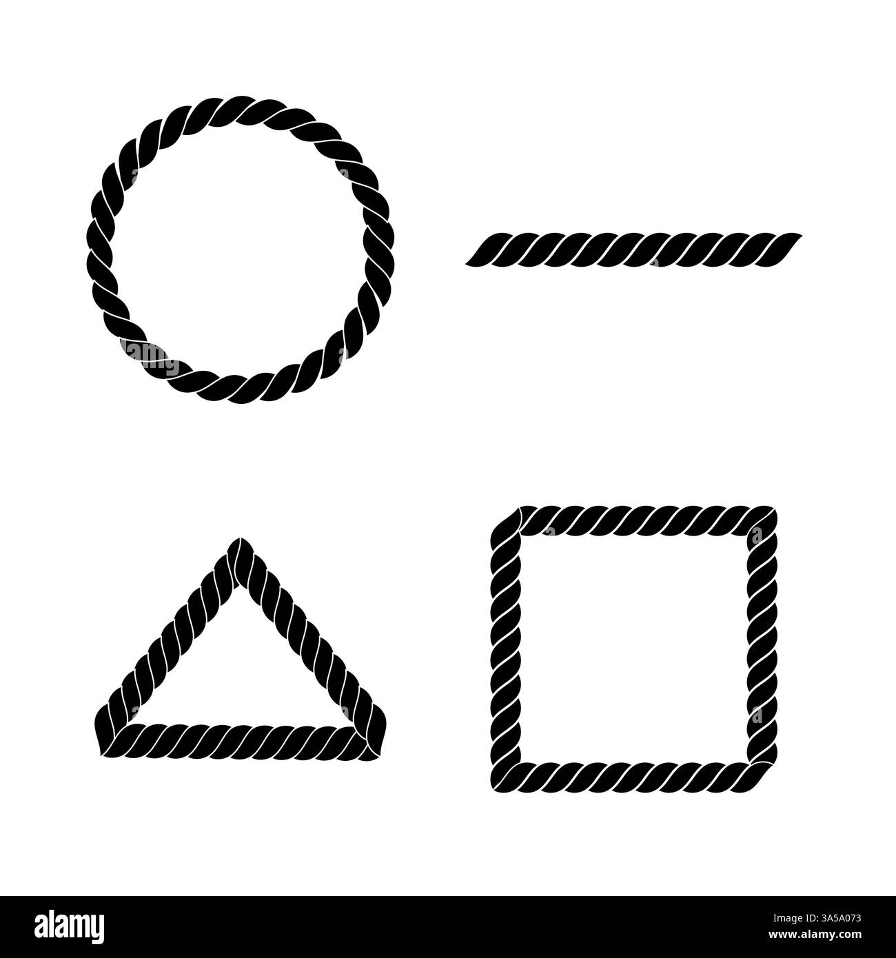 Formes géométriques noires et blanches en corde, isolées sur fond blanc, illustration vectorielle. Illustration de Vecteur