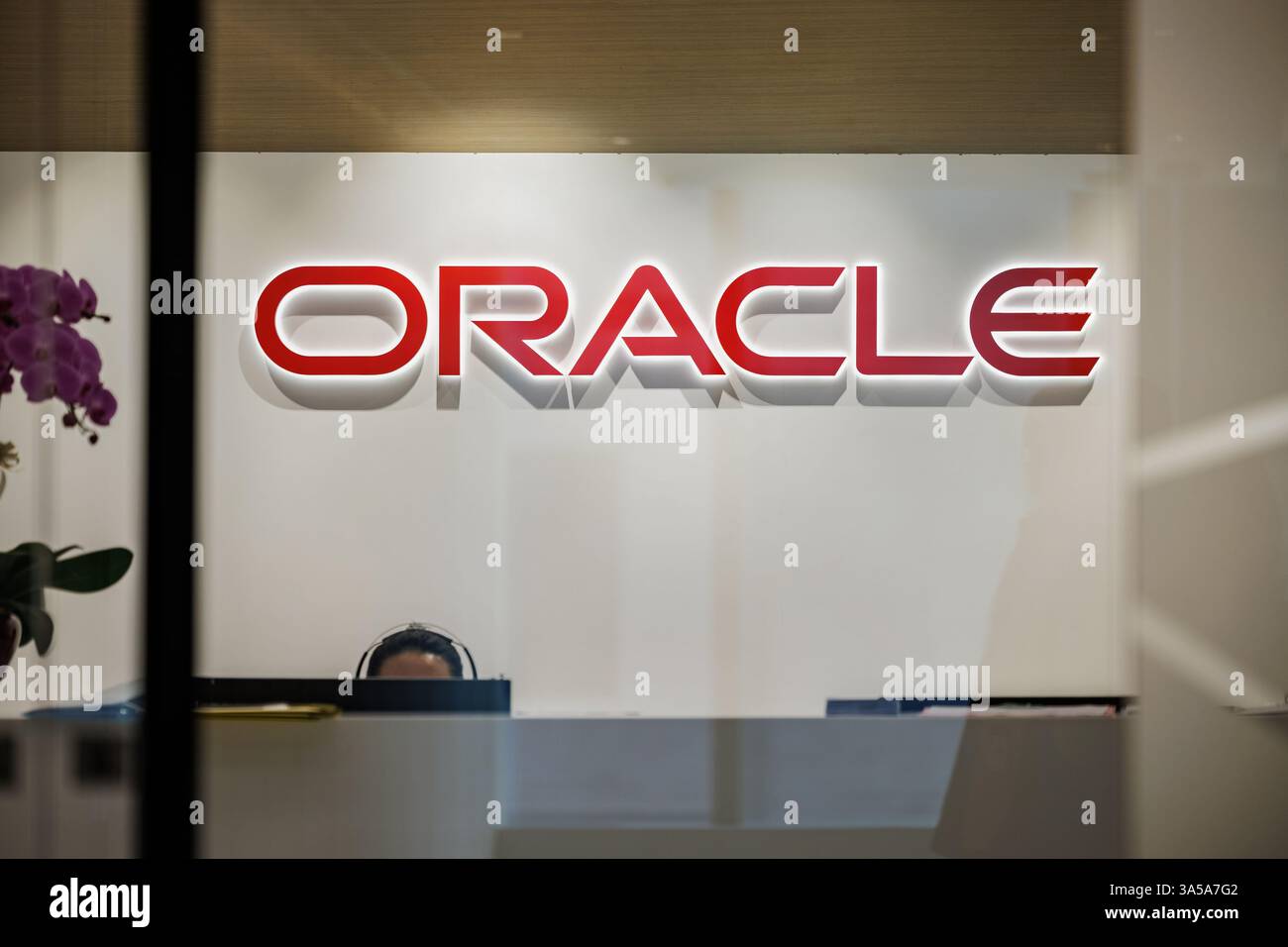 Hong Kong, Chine. 11 mars 2025. Dans cette illustration photo, un logo d'Oracle est vu à la réception de son bureau. Oracle Corporation est une multinationale américaine de pointe connue pour ses logiciels d'entreprise, ses systèmes de gestion de bases de données et ses solutions de cloud computing. Fondée en 1977, Oracle fournit aux entreprises des analyses de données avancées, la cybersécurité et des applications basées sur l'IA, ce qui en fait un acteur clé dans l'infrastructure INFORMATIQUE mondiale crédit : SOPA images Limited/Alamy Live News Banque D'Images