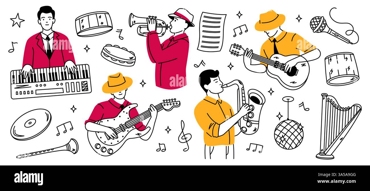 Doodle musiciens. Instruments et joueurs de jazz de bande dessinée, musiciens jouant de la musique, esquisse d'orchestre de jazz avec des percussions de trompette de saxophone de guitare piano Illustration de Vecteur