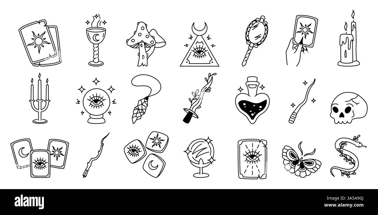 Icônes de ligne de tarot magique. Symboles occultes de magicien mignon mystique pour la conception de cartes de tarot, astrologie alchimie divination connaissance, boule de cristal, main de magicien Illustration de Vecteur
