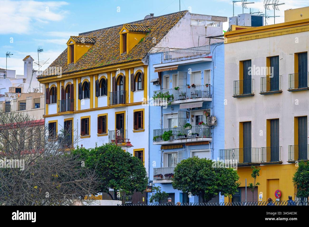 Façade de vieux bâtiments aux couleurs pastel. Banque D'Images