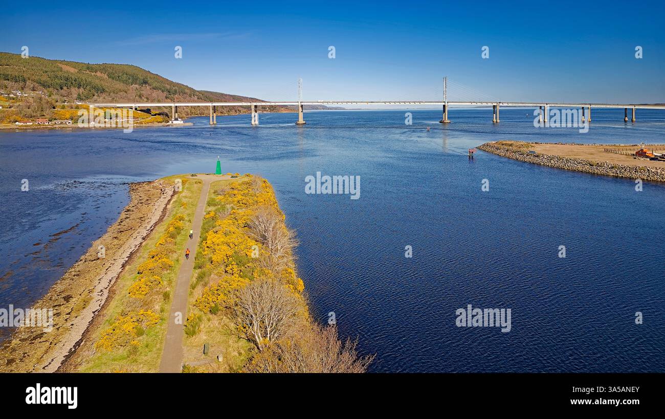 Inverness Écosse le pont de la route Kessock A9 sur le Moray Firth avec phare vert sur Carnac point et fleurs gorses jaunes Banque D'Images