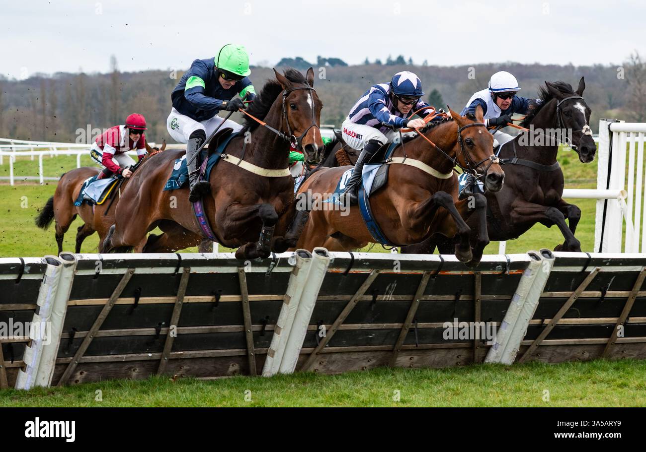 Newbury, Berkshire, Royaume-Uni, samedi 22 mars 2025 ; Kalium et le jockey Alan Johns remportent la meilleure cote garantie à la barrière handicap des novices de BetVictor pour l'entraîneur Tim Vaughan et les propriétaires Mr Paul Bowtell & Mr Jonathan Shinton. Crédit JTW Equine images / Alamy Live News. Banque D'Images
