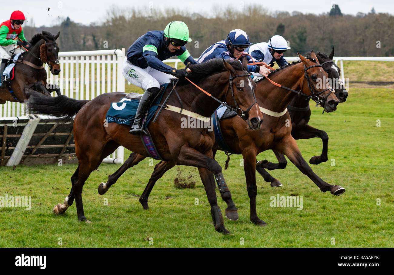 Newbury, Berkshire, Royaume-Uni, samedi 22 mars 2025 ; Kalium et le jockey Alan Johns remportent la meilleure cote garantie à la barrière handicap des novices de BetVictor pour l'entraîneur Tim Vaughan et les propriétaires Mr Paul Bowtell & Mr Jonathan Shinton. Crédit JTW Equine images / Alamy Live News. Banque D'Images