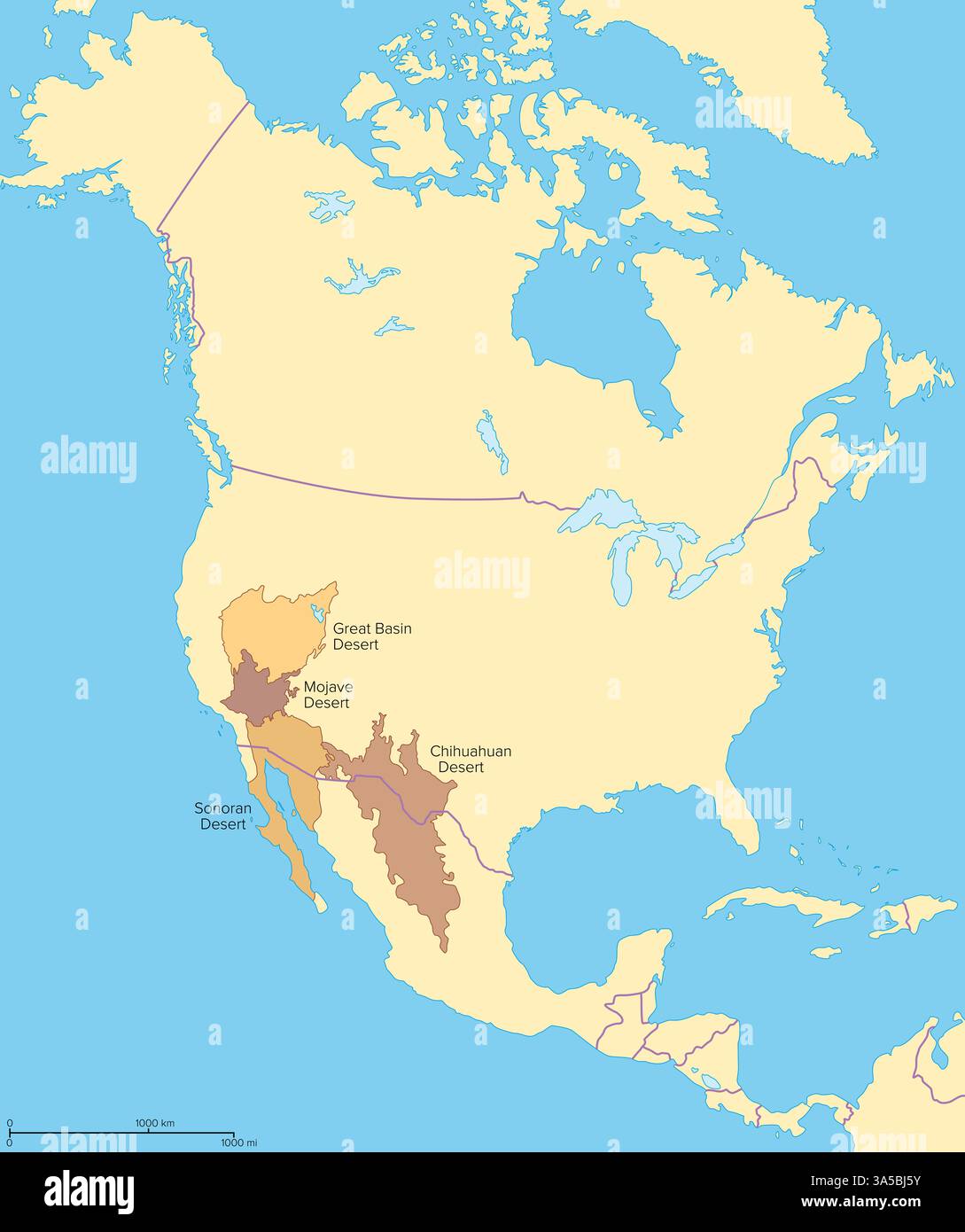 Grands déserts d'Amérique du Nord, carte politique, situé dans l'ouest des Etats-Unis et le nord du Mexique. Great Basin, Mojave, Sonoran et Chihuahuan déserts. Banque D'Images