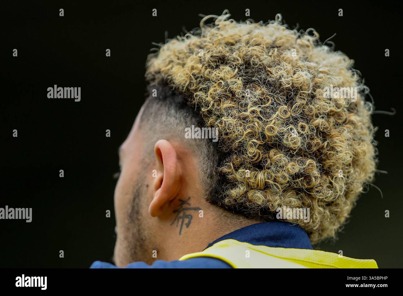 Northampton, Royaume-Uni. 22 mars 2025. Une vue détaillée du tatouage Jordan Lawrence-Gabriel de Blackpools lors du match de Sky Bet League 1 Northampton Town vs Blackpool au Sixfields Stadium, Northampton, Royaume-Uni, le 22 mars 2025 (photo par Izzy Poles/News images) à Northampton, Royaume-Uni le 22/03/2025. (Photo par Izzy Poles/News images/SIPA USA) crédit : SIPA USA/Alamy Live News Banque D'Images