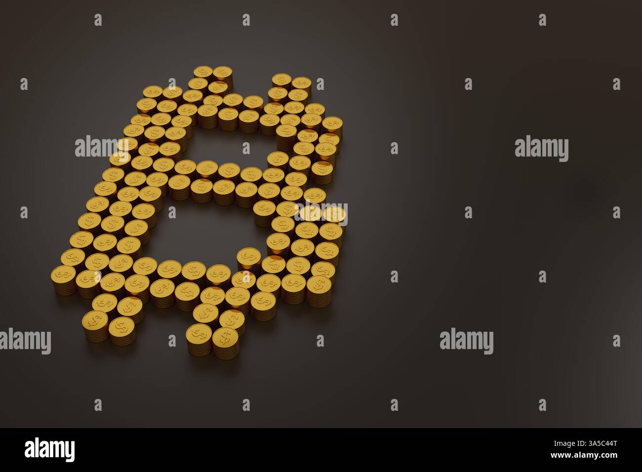 Symbole Bitcoin formé à partir de pièces de monnaie. Illustration 3D. Banque D'Images