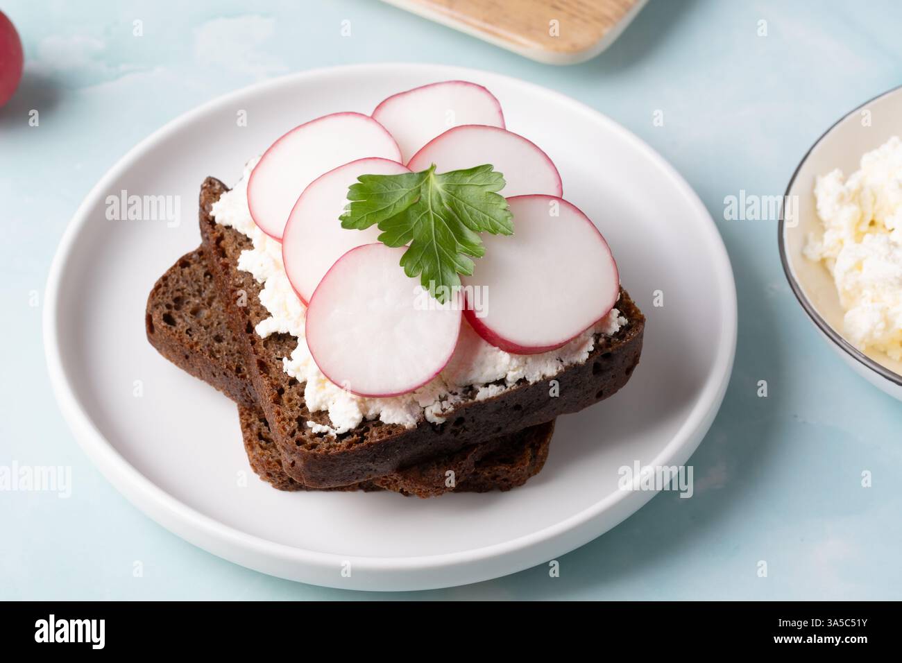 Sandwich au seigle ouvert sur la face garni de fromage à la crème et de radis frais sur fond turquoise Banque D'Images