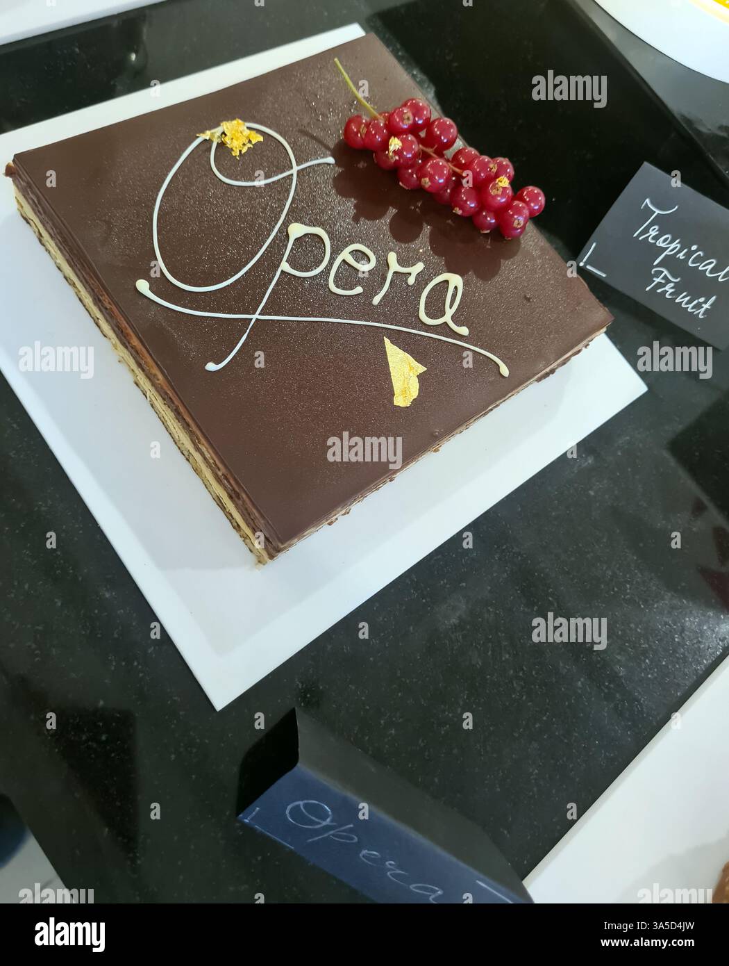 Gâteau d'opéra rectangulaire au chocolat avec des groseilles rouges décoratives sur le dessus, placé sur une assiette blanche. Le gâteau a un glaçage au chocolat lisse et est étiqueté Banque D'Images